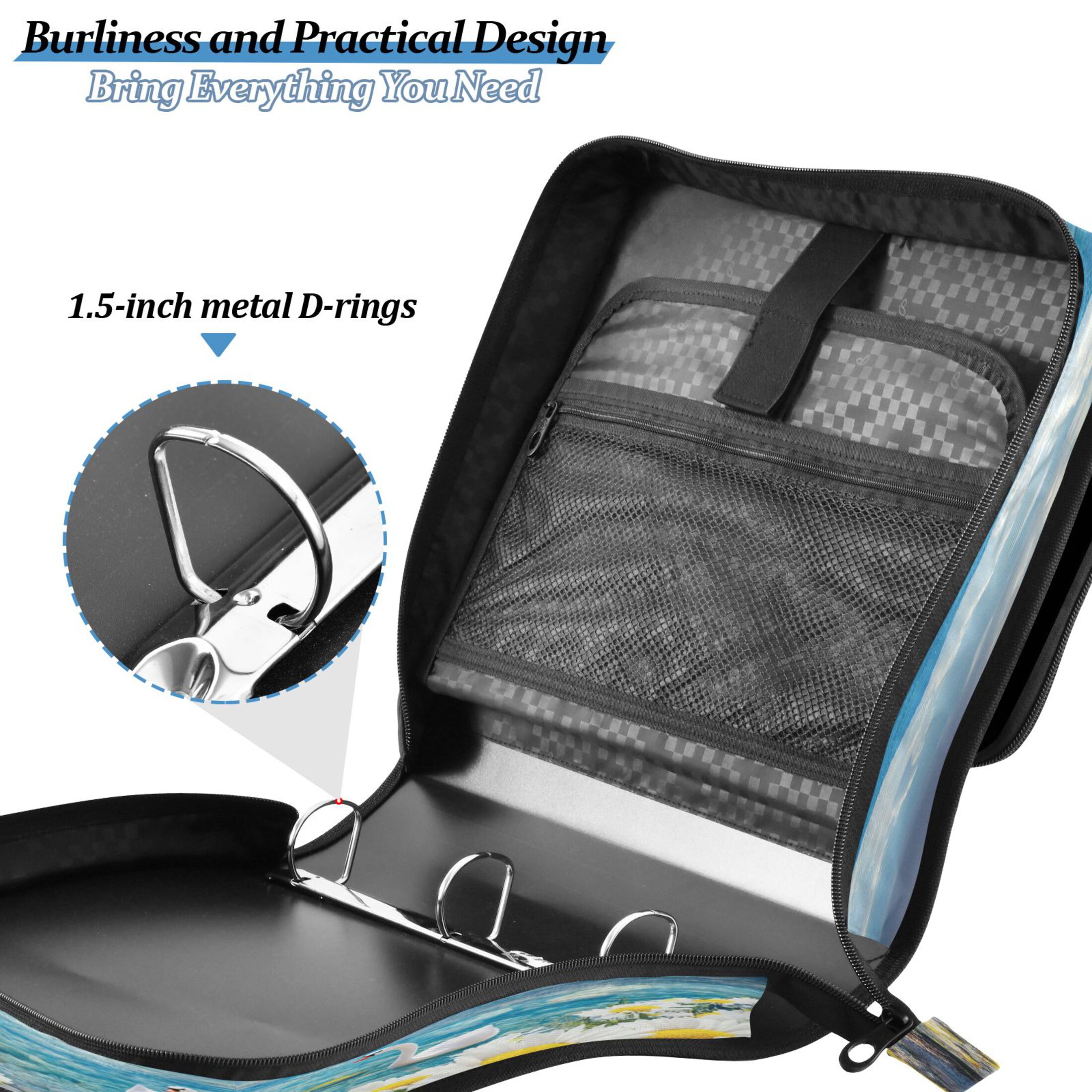 YAZAOO Zipper Binder trapper keeper Documents Organized Design Boat Swans Daisies and Mountains Printed
