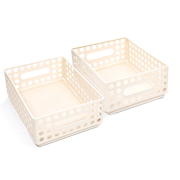 SAYEEC 2-Pack Beige Foldable Plastic Storage Baskets, Stackable Collapsible Organizer with Handles for Home& Office