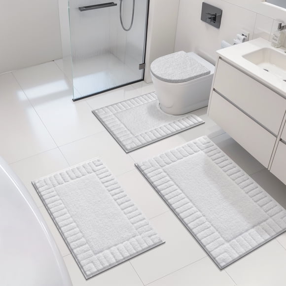 MeyJey Juego de Tapetes de Baño de 4 Piezas, Tapetes de Baño, Microfibra Antideslizante Ultra Suave con Tapete Contorneada en Forma de U para Baño, Ducha Interior, Blanco