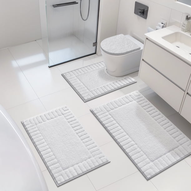 MeyJey Juego de Tapetes de Baño de 4 Piezas, Tapetes de Baño, Microfibra Antideslizante Ultra Suave con Tapete Contorneada en Forma de U para Baño, Ducha Interior, Blanco