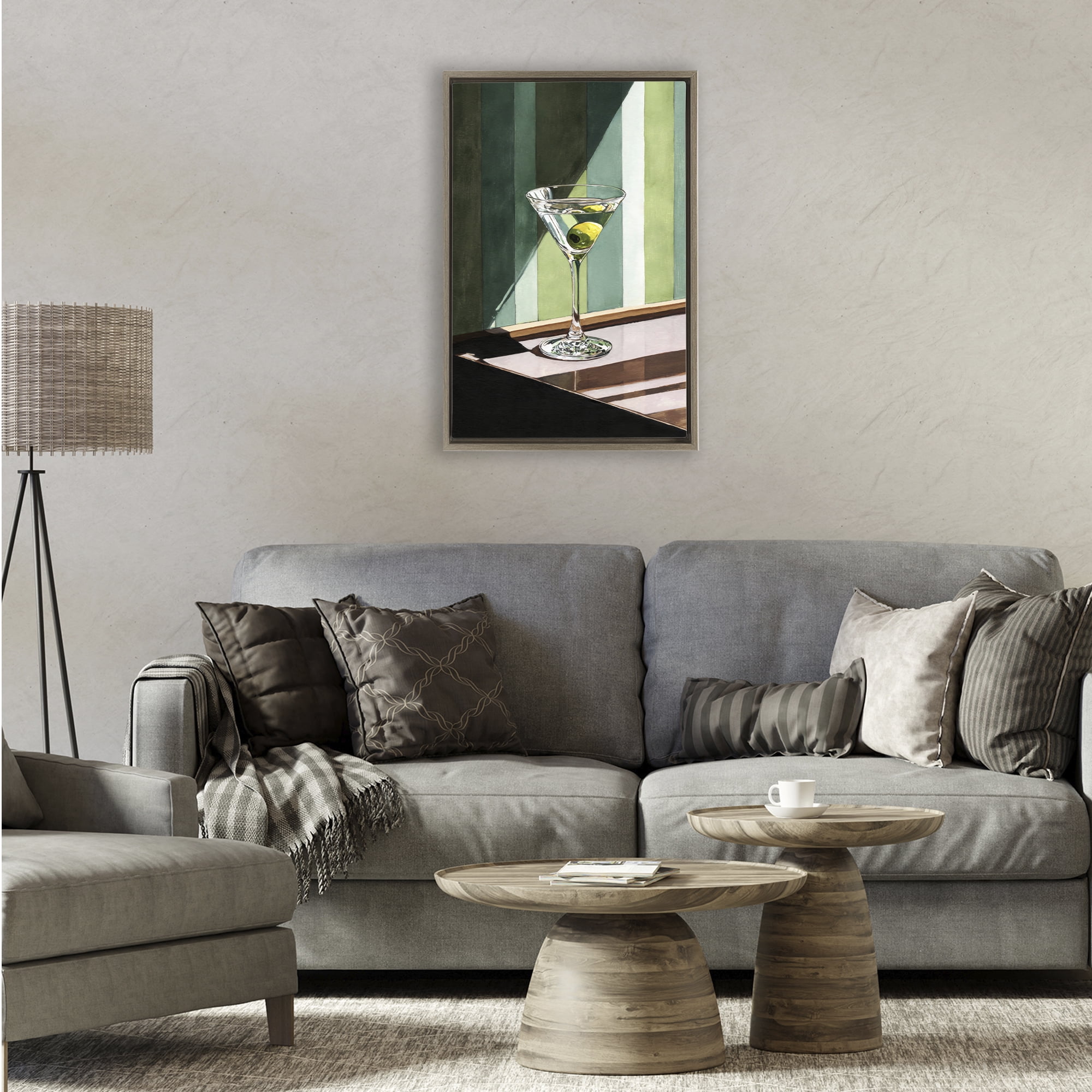 Stupell Industries Olive Martini in Sun Beam Brown Framed Floater Canvas Wall Art, design by Petal Prints Design