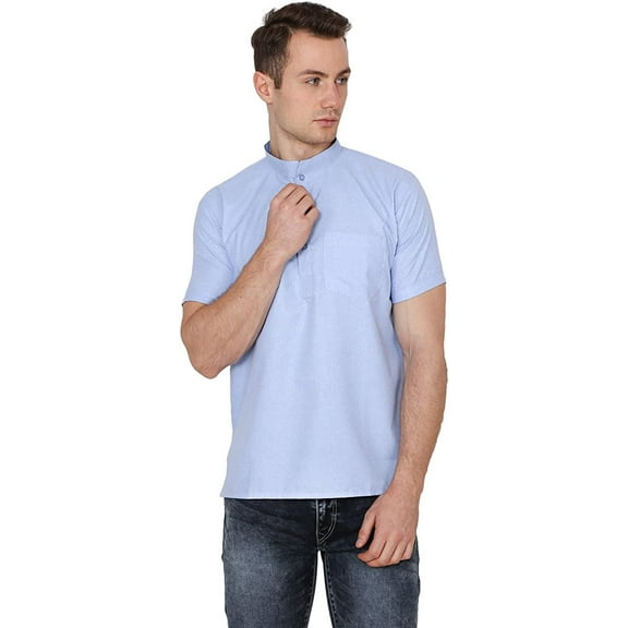 Royal Kurta Men's Cotton Linen Short Sleeve Kurta Blue