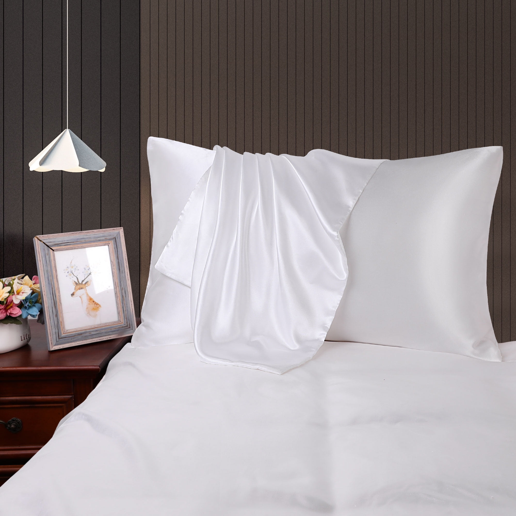 Unique Bargains Satin Set of 2 Zipper Closure Pillowcases White 20"x26"