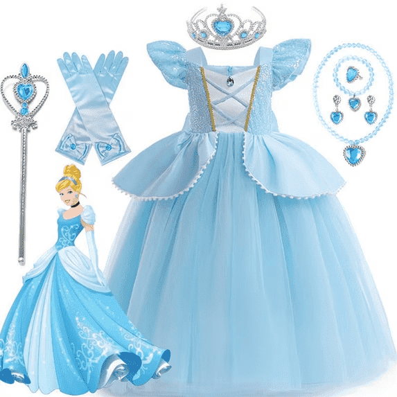 10Pcs Costume for Girls Kids Blue Princess Dress with Accessories Halloween Birthday Party Outfits