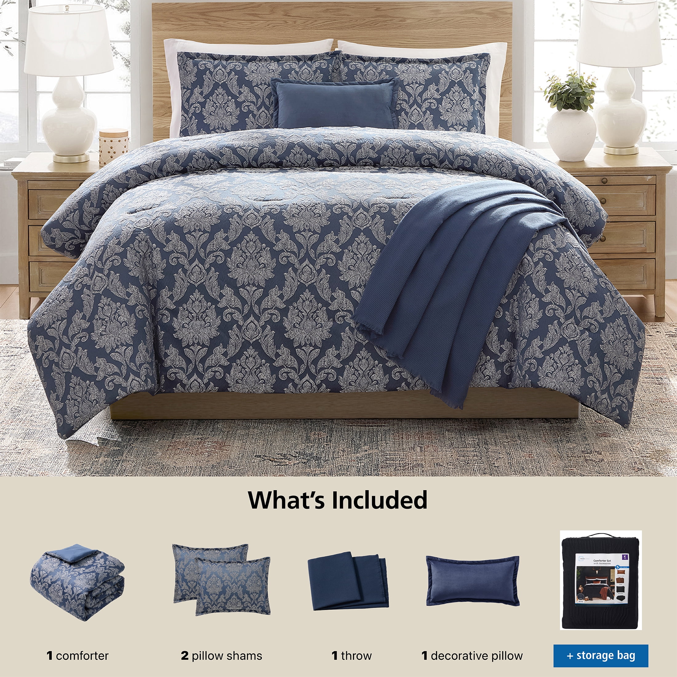 Mainstays Damask 5-Piece Jacquard Comforter Set, Blue, King