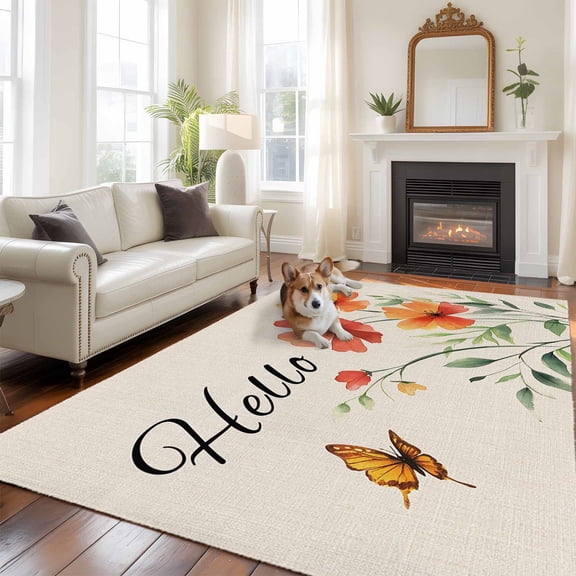 5'x8' Area Rugs, Orange Red Floral Indoor Outdoor Area Rug for Living Room Bedroom, Vintage Pastoral Botanical Butterfly Washable Bathroom Rugs Kitchen Floor Carpet Mats Home Decor Aesthetic