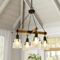 22'' Farmhouse Chandelier for Dining Room, 4-Light Vintage Wood Pendant Light Fixture with clear glass shades, Rustic Chandeliers for Kitchen Island Foyer Living Room
