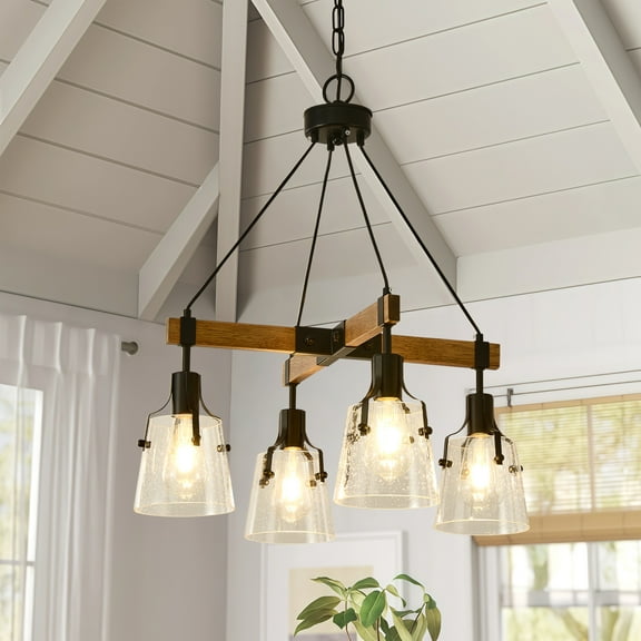 22'' Farmhouse Chandelier for Dining Room, 4-Light Vintage Wood Pendant Light Fixture with clear glass shades, Rustic Chandeliers for Kitchen Island Foyer Living Room