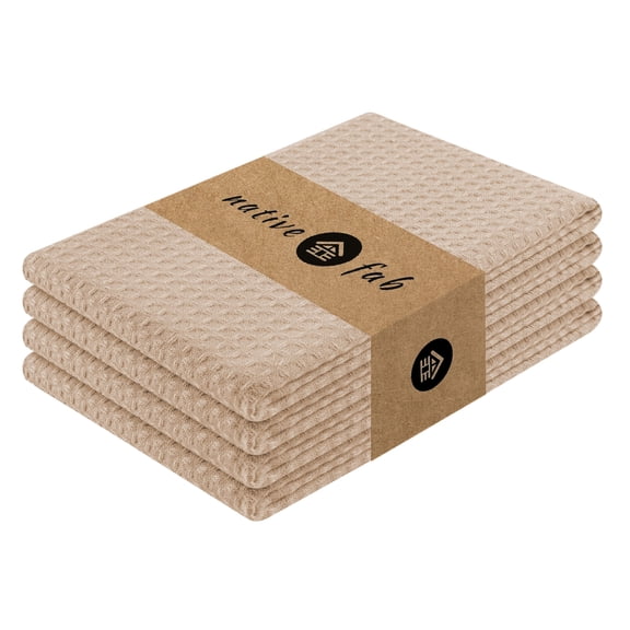 Native Fab Waffle Cotton Kitchen Tea Towels 16x26 - Absorbent Quick Dry Dishcloths Set of 4 - Beige