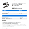 thumbnail image 2 of Knock Sensor - Compatible with 1999 - 2007, 2010 Honda Odyssey 2000 2001 2002 2003 2004 2005 2006, 2 of 2