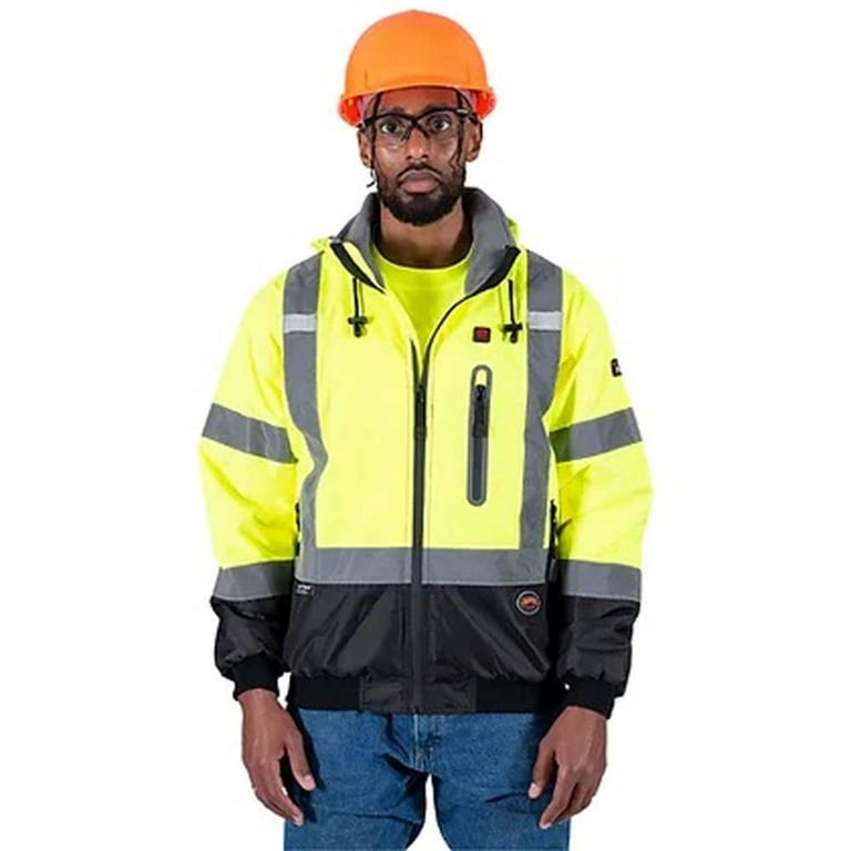 Pioneer High Visibility, Waterproof, 300D Nano Tech Heated Safety Bomber  Jacket With Detachable Hood, Reflective Tape, Black, S 
