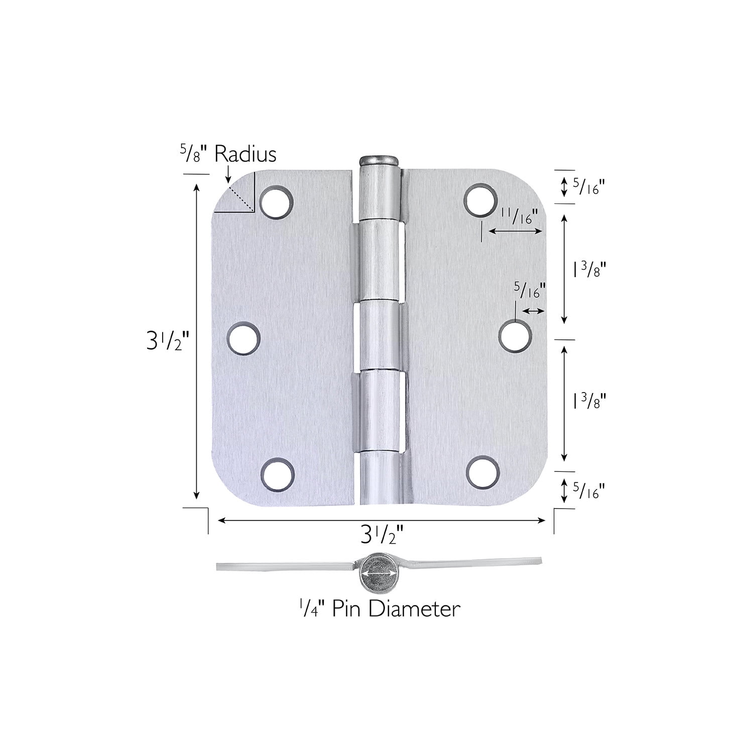 Brushed Chrome Steel Plain Bearing Door Hinge with Removable Pin, 3-1/2 x 3-1/2 in. 5/8 in. Radius, 2-Pack