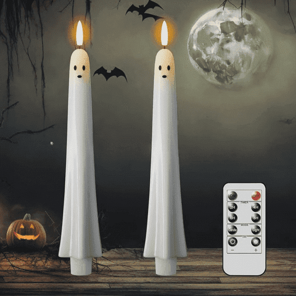 Halloween Ghost Flameless Taper Candles, 2 Pack White Real Wax LED Candles with Flickering 3D Wick, Remote and Timer, Battery Operated Indoor Table Decor, 0.79 in D x 9.5 in H