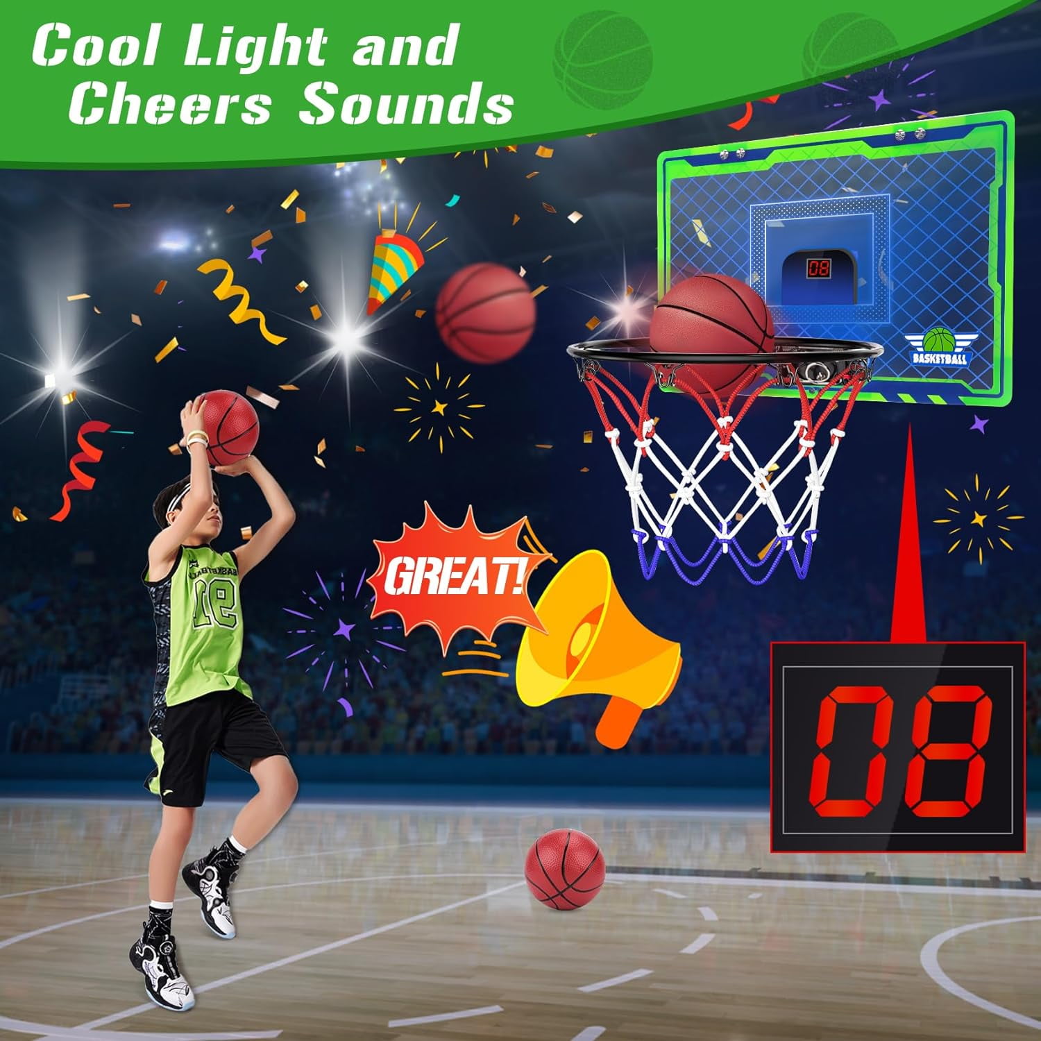 POCO DIVO Over The Door Basketball Hoop, Mini LED Lights 3-Mode Scoreboard, Kids Cheerful Game 2 Balls Set, Indoor Mounting Classic Sports, Boys Girls Room Toy Gift Adult Office Party Play, Green