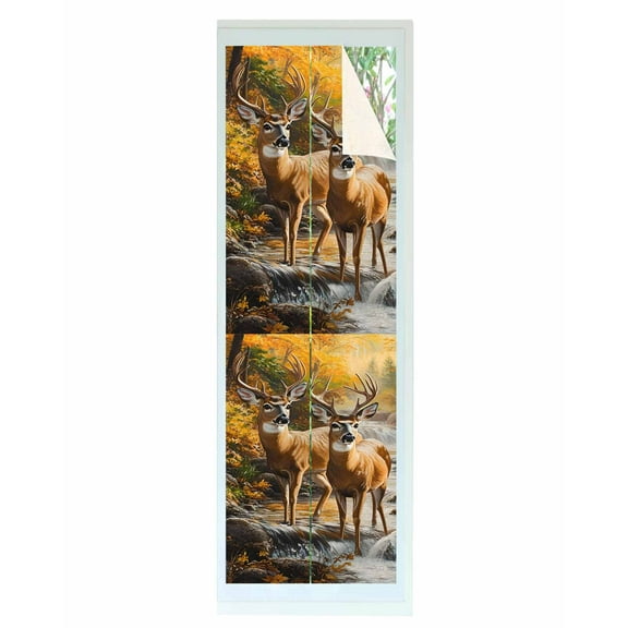 Window Privacy Film Orange Autumn Deer Stained Glass Window Film Decorative Sun Block Window Cover Vintage Forest River Window Clings Static Adhesive Sticker for Bathroom 17.7"x78.7"
