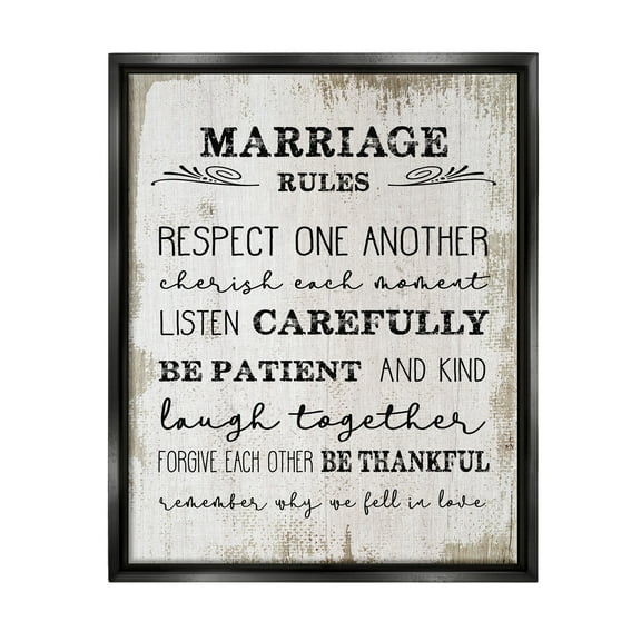 Stupell Industries Marriage Rules Home Family Inspirational Word Textured Design Jet Black Framed Floating Canvas Wall Art, 16x20, by Daphne Polselli