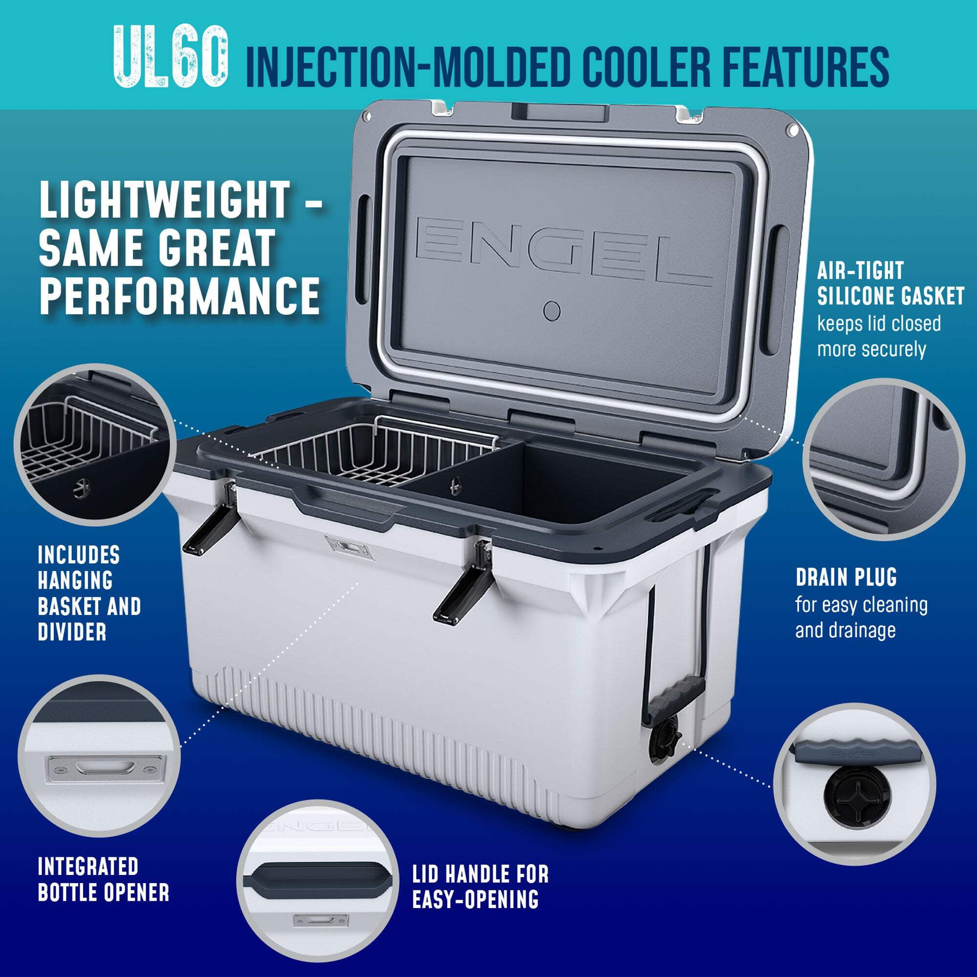 ENGEL 60 Qt UltraLite Cooler With Wire Basket and Divider - Blue