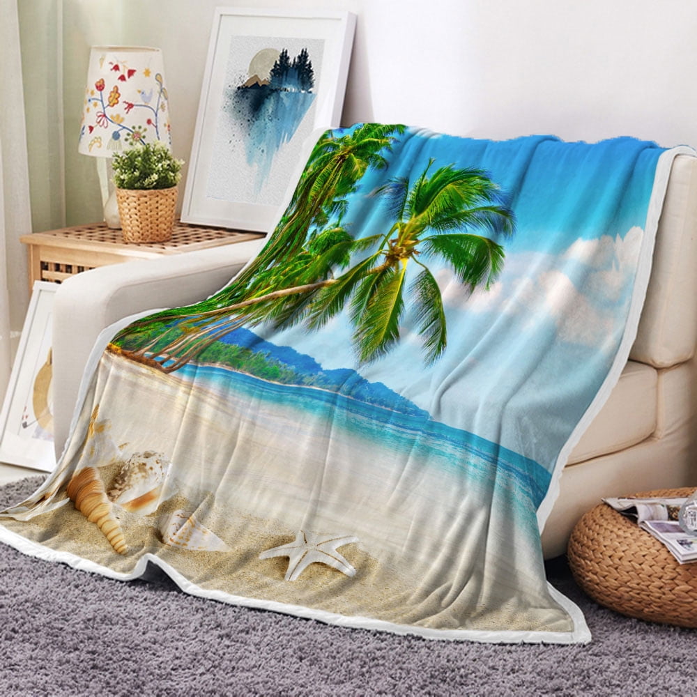 Beach Throw Blanket, Seaside Island Tropical Palm Trees Throw Flannel