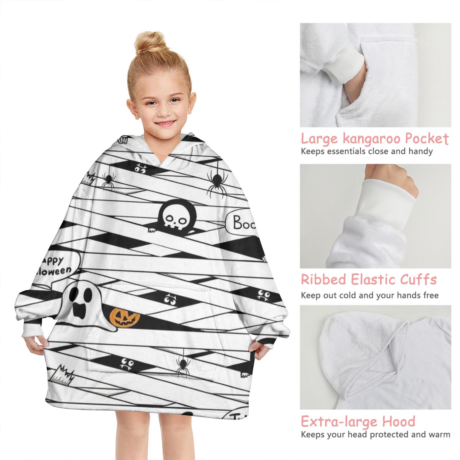 Spooky Halloween Pattern Blanket Hoodies for Kids 6-13YR Oversize Wearable Blanket Hoodies for Boys Girls Teens