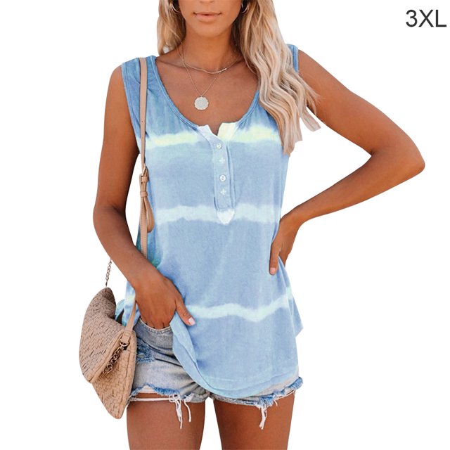 Camiseta sin mangas estampada sin mangas con estampado de teñido anudado para mujer, azul, 3XL kenally AP002428-06
