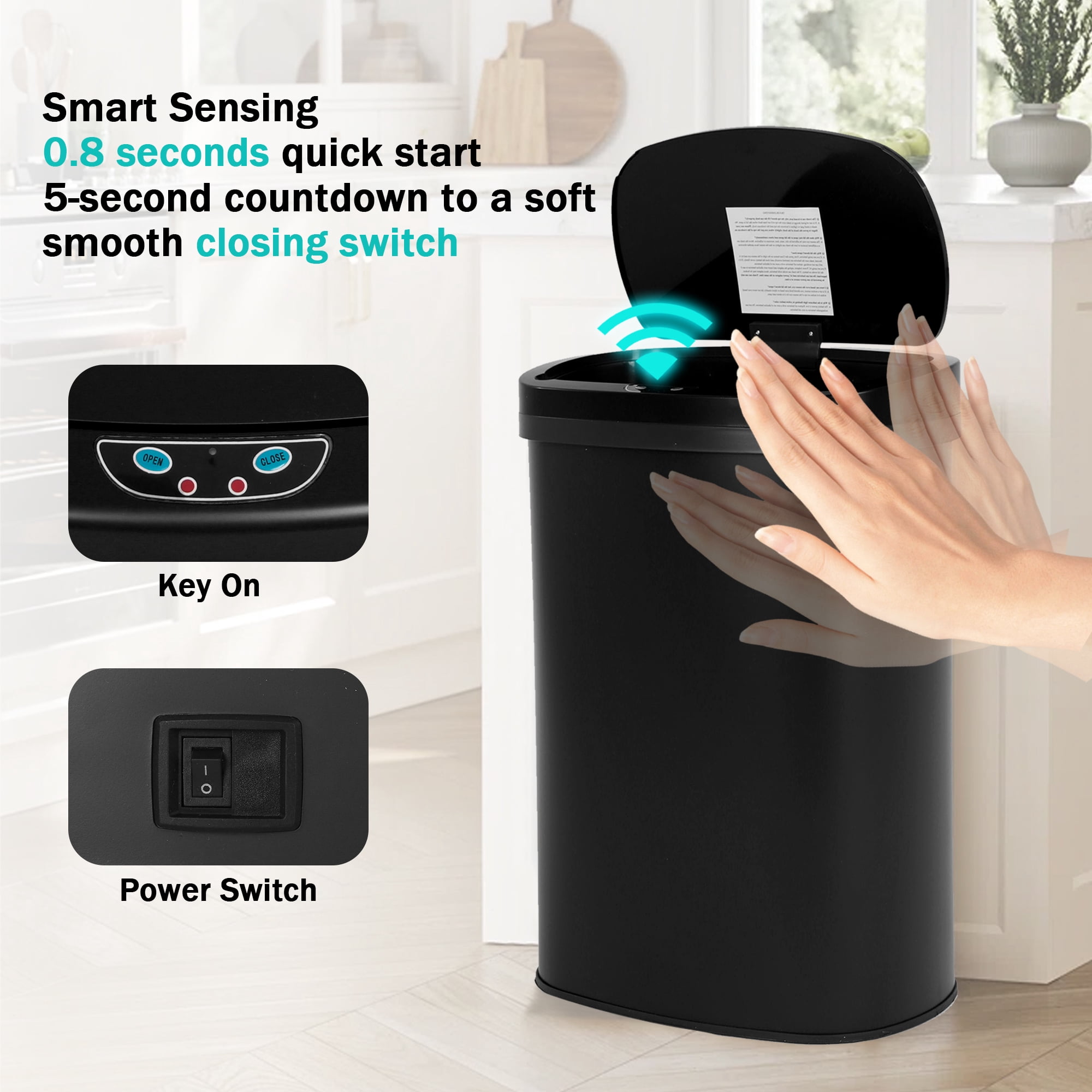 YRLLENSDAN 13 Gallon Trash Can Motion Sensor Trash Can Automatic Trash Cans Touchless Stainless Steel Kitchen Trash Can with Lid Kitchen Garbage Can for Bathroom Bedroom Home Office, Black