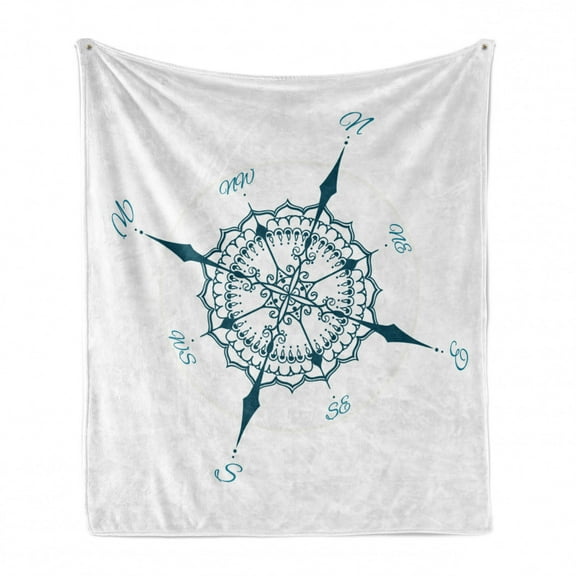 Compass Soft Flannel Fleece Throw Blanket, Hand Drawn Windrose Floral Arrangement Design Compass Boating Theme Print, Cozy Plush for Indoor and Outdoor Use, 70" x 90", Cream Dark Green, by Ambesonne
