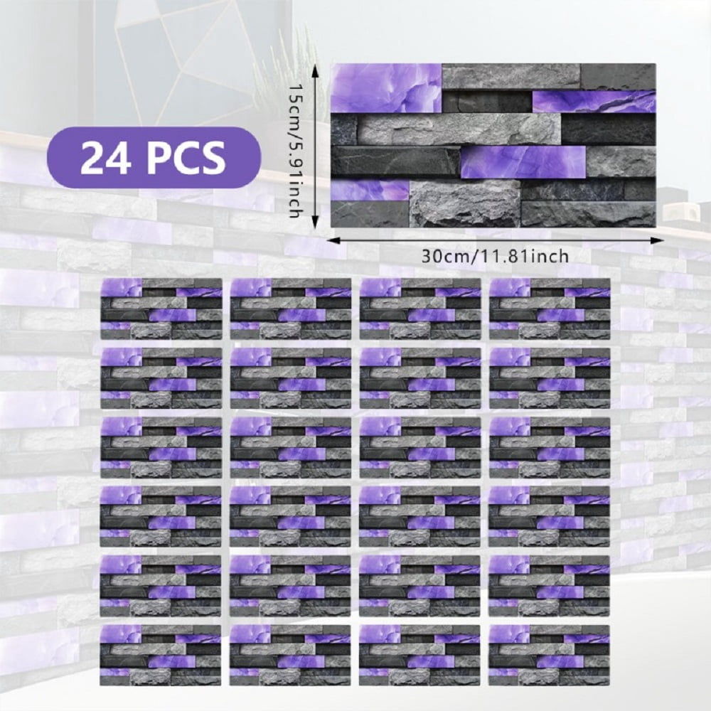 24 Sheets Peel and Stick Backsplash Marble Wall Tiles Waterproof Oilproof Purple Glossy Imitation Stone Brick Wall stickers PVC Shower Wall Panels for Interior Wall Decor