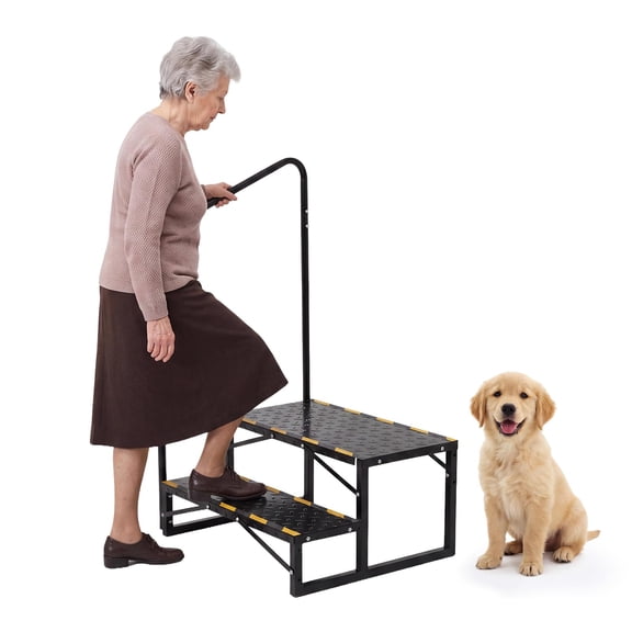 Wisykoke Anti-Slip Rv Steps with Single Handrail, 2 Step Rv Stairs with Removable Handrails, Reflective Strips, 660Lbs Capacity of Camper Steps for Travel Trailer, Hot Tub, Mobile Home