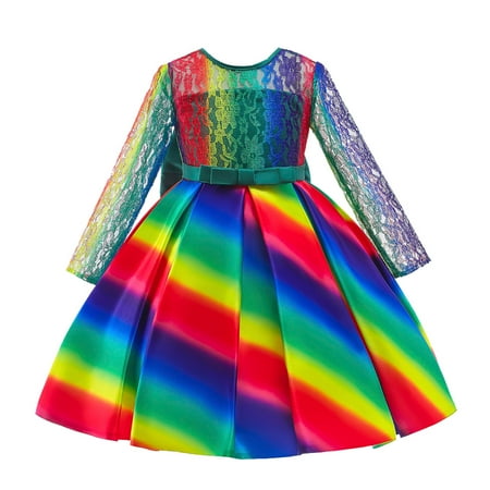 

CLZOUD Semi formal Dresses for Girls Green Cotton Blend Child Girls Bowknot Multicolor Pageant Dress Birthday Party Kids Lace Rainbow Gown Princess Dress 130