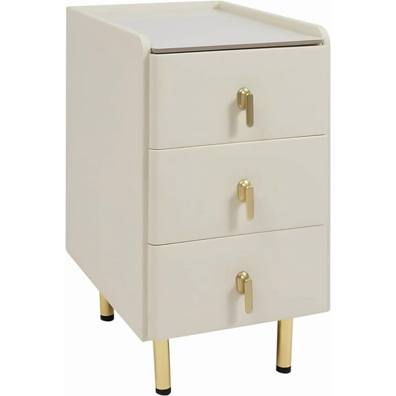 Narrow Nightstand with 3 Drawers, PU Bedside Cabinet, Simple Bedside Table Furniture, End Table with Metal Legs for Bedroom, Living Room (Cream White)