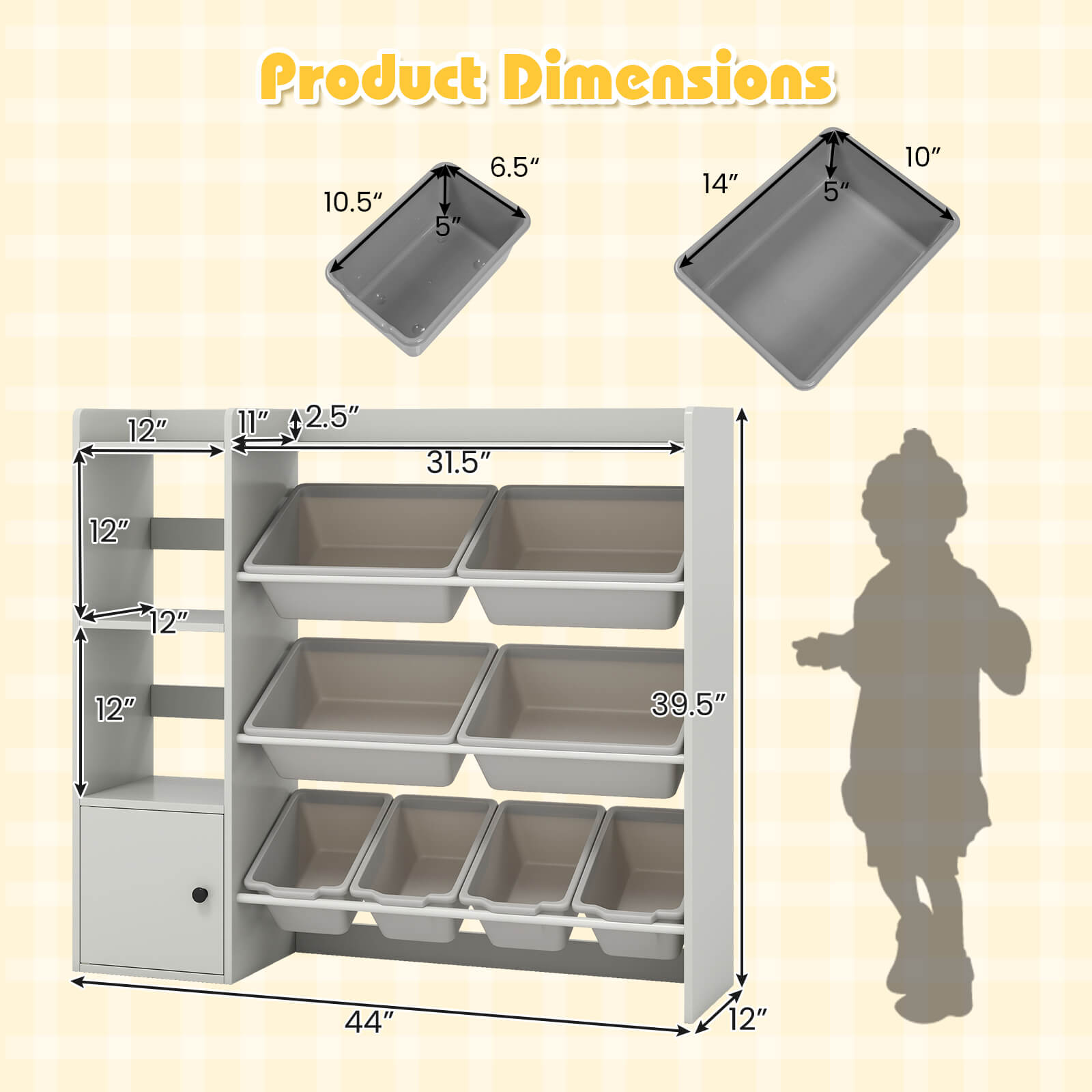 Costway Kids Toy Storage and Bookshelf, Wooden Bookcase with 4 Small Boxes & 4 Large Boxes Gray