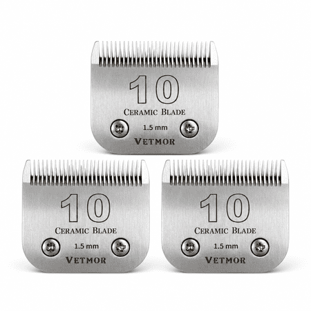 3-Pack Size 10 Detachable Pet Clipper Ceramic Replacement Blades, 1/16 Inch (1.5mm) Cut Length, Compatible with Andis, Oster A5 and Wahl KM10 Series Clippers