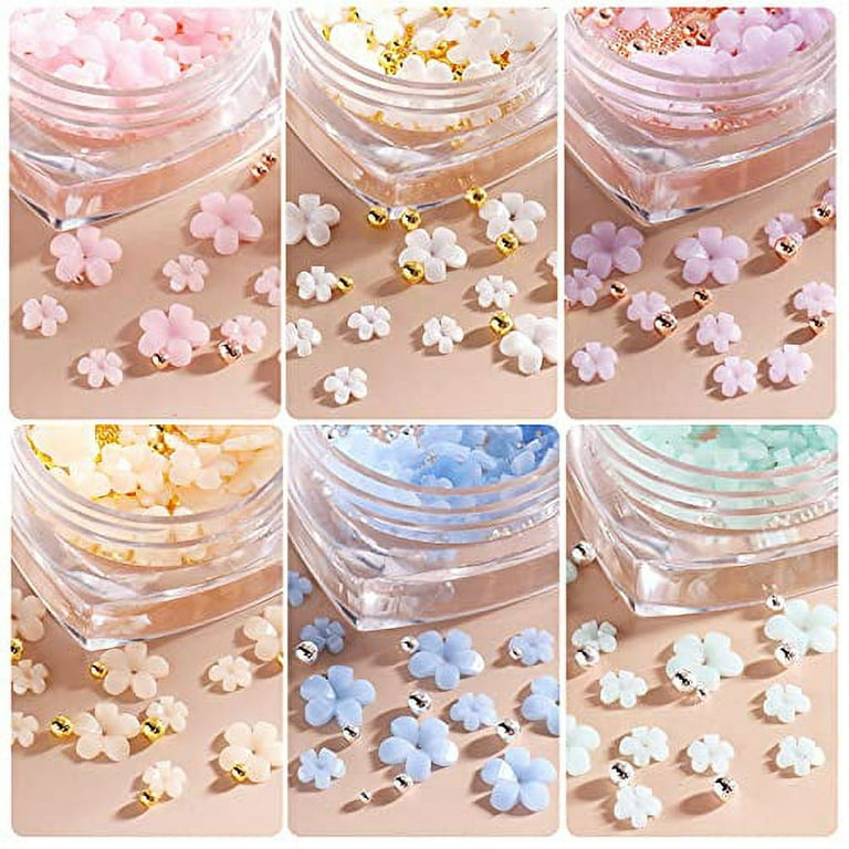 Dornail White Pink 3D Acrylic Flower Nail Charms With Pearl Golden Caviar  Beads Nail Art Accessories Nail Designs for DIY Nail Decorations Nail Art