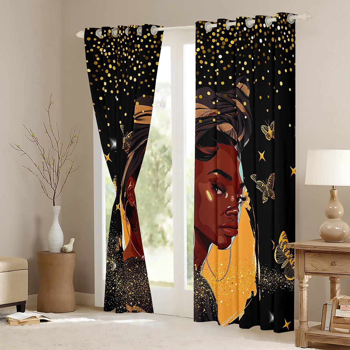Erosebridal Black Women Curtains & Drapes for Teen Chic Butterfly Blackout Curtains, Black Gold Curtains Magical Black Black Out Curtains, Golden Glitter Window Drapes