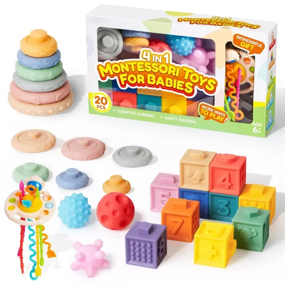 SYNCFUN Montessori Toys for Baby 0-3-6-12 Months, 4-in-1 Food-Grade Sensory Toys, Infant Stacking Circles Teether, Learning Gifts for Baby Girls Boys