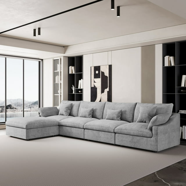 The Magic Home 155" 4-Seater Cloud Modular 155 L-Shaped Linen Sectional Sofa with Ottoman, Gray