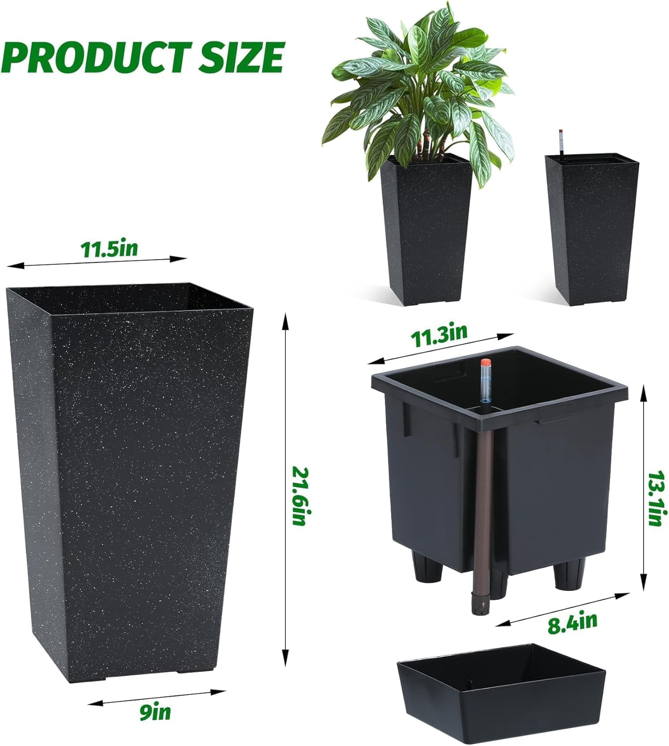 Huisuilinss Tall Planters For Outdoor Plants,Set Of 4 Tapered Pots,16" Resin Flower Pots,Plant Pots With Drainage Holes＆Water Level Monitor＆Inner Bucket For Garden Porch Patio Indoor