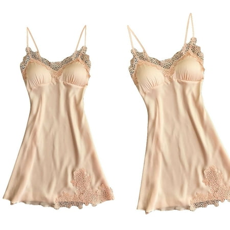 Lamuusaa Women s Silk Satin Sleepwear Dress Ladies Sexy Micro Babydoll Lace Sleepwear Dress V-Neck Mini Skirt