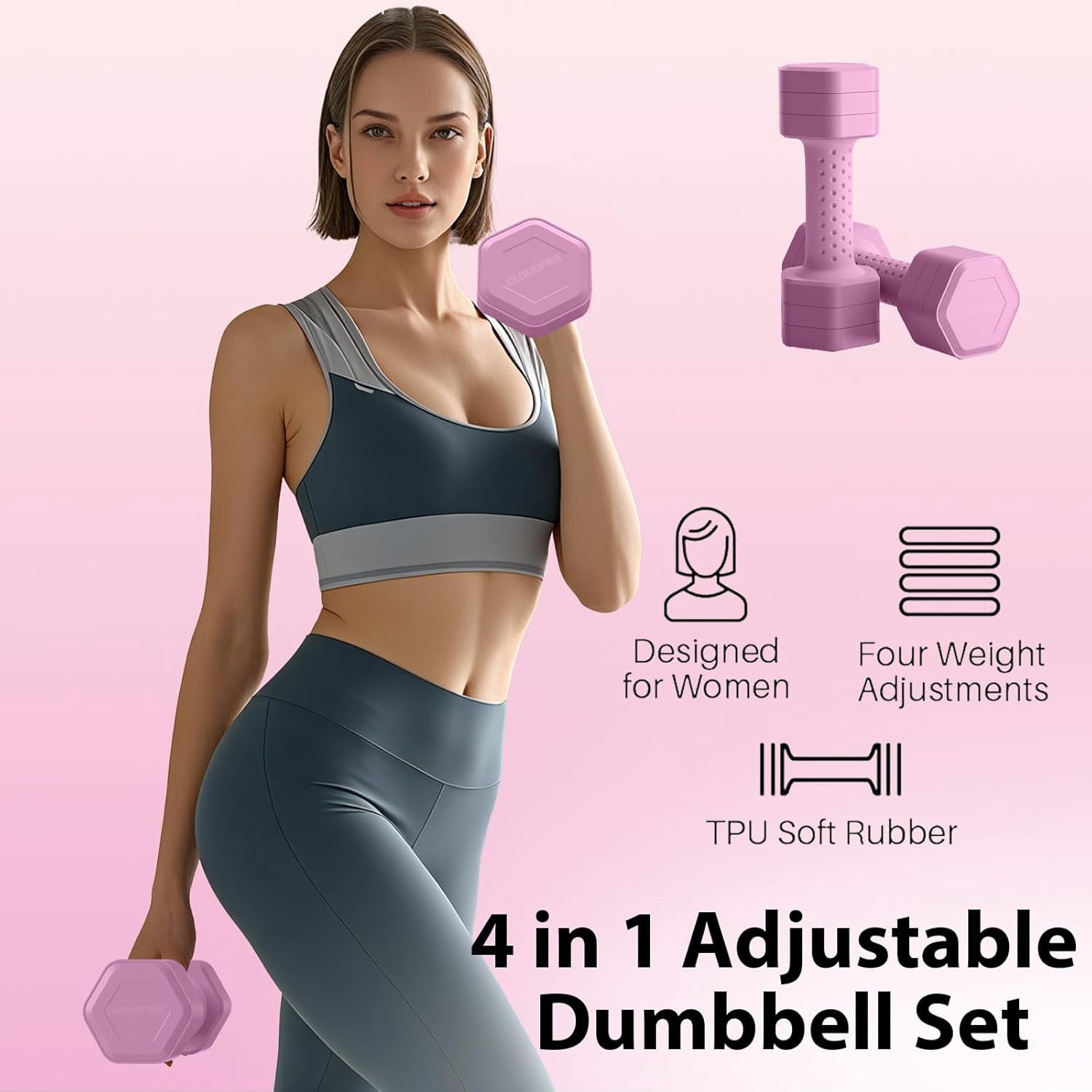 Adjustable Dumbbell Set of 2, 4 in 1 Free Weights Dumbbells Set, Hand Weights for Women at Home, 5 lb Dumbbells Set with Non-slip Comfort Handle for Home Gym Exercise Workout Training