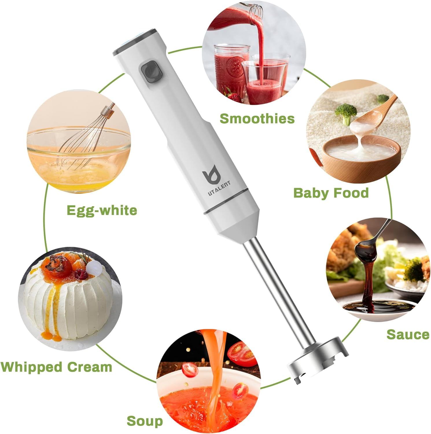 Cordless Hand Blender  Variable Speed Immersion Blender Rechargeable with USB-C   Whisk for Smoothies Milkshakes Hummus Soups White
