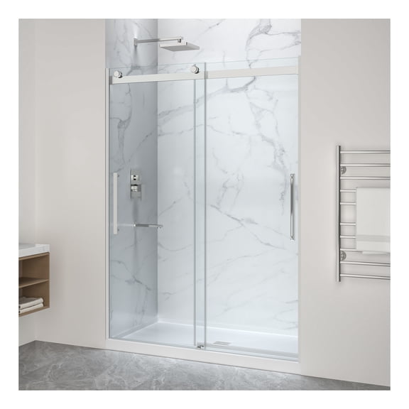 Stellar Series 76 in. x 45-48 in. Sliding Frameless Shower Door in Polished Chrome with Alcove Center Drain Shower Base