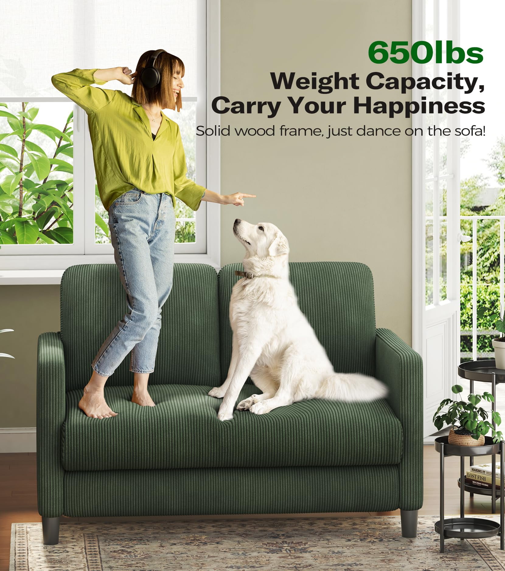 Welzona 51" Corduroy Loveseat Sofa, Small 2-Seater Couch for Small Spaces, Tool-Free Assembly,Green