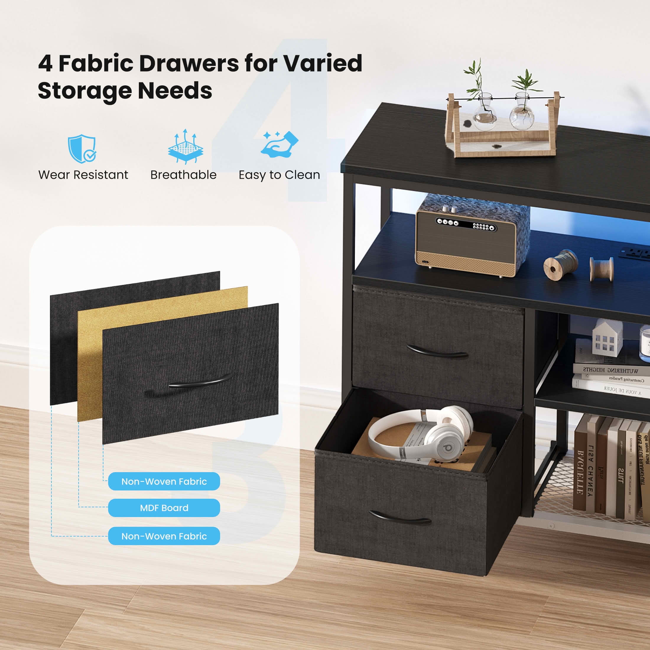 MAYEERTY 50-Inch TV Stand with 4 Drawers LED Lights & Power Sockets, Open Shelves Adjustable Feet
