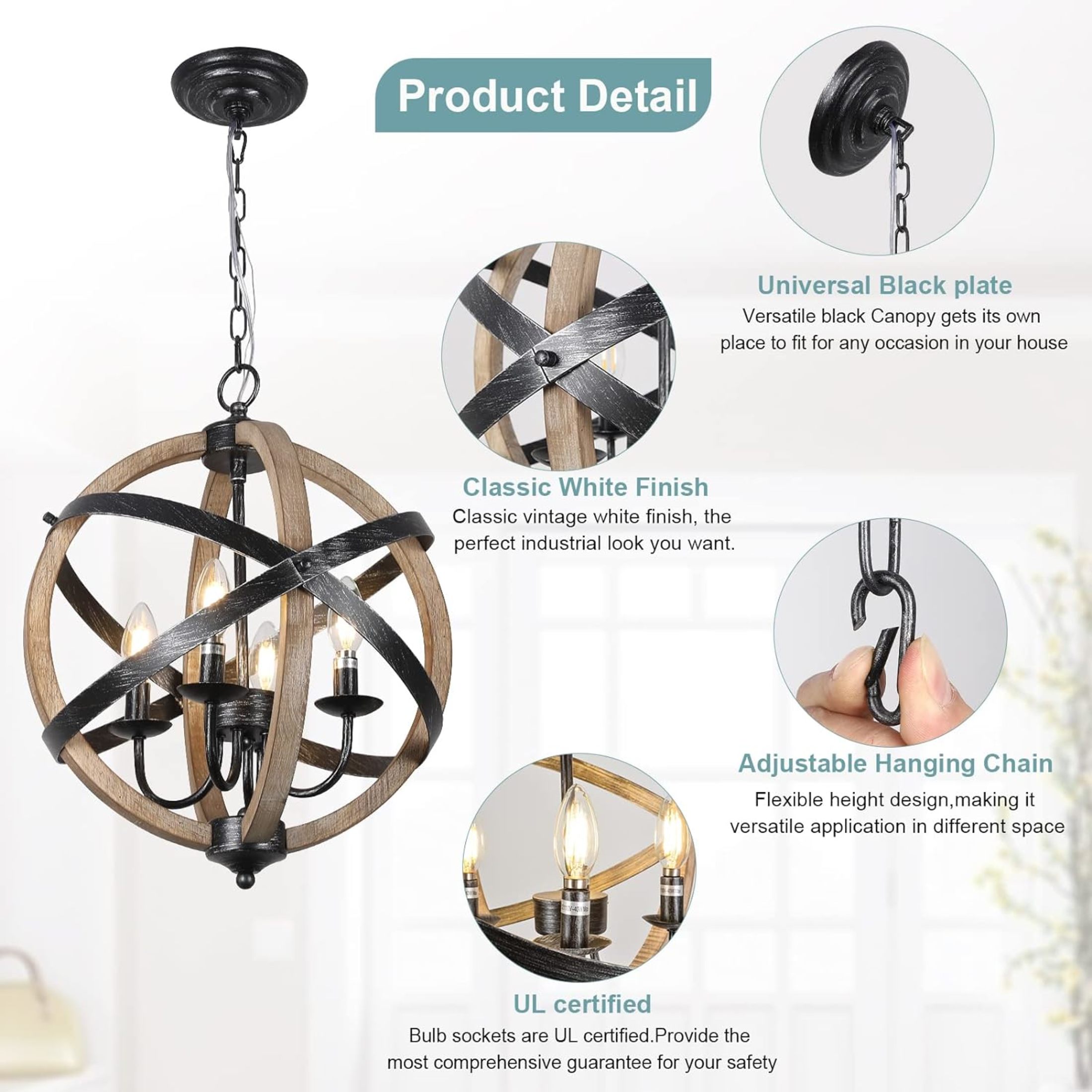 Noble House 4-Light Farmhouse Wood Orb Chandelier, Rustic Sphere Dining Room Pendant, Height Adjustable, Wood