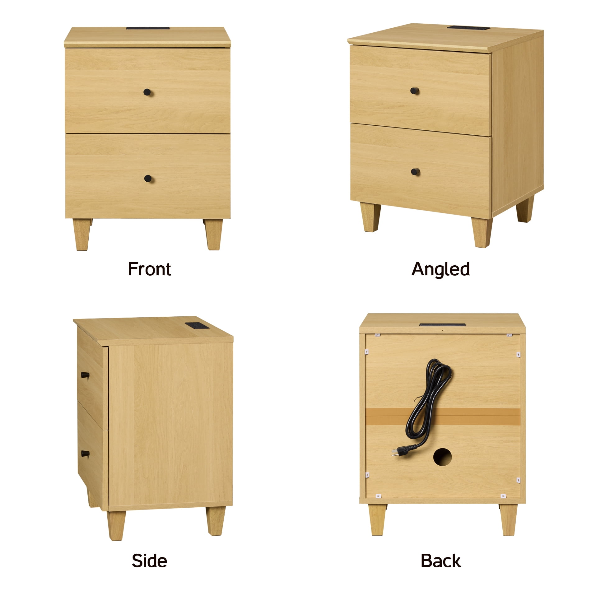 WAMPAT Modern Nightstand with Charging Station, Wooden End Table with 2 Large Drawers, Small Bedside Table for Bedroom, Oak Wood