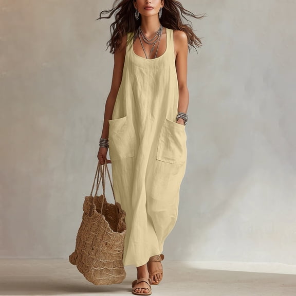QUNYINEY Casual Womens Sundresses Sleeveless Long Faux Cotton Linen A Line Dress Loose Fit with Pockets Beach Crew Neck Solid Dresses