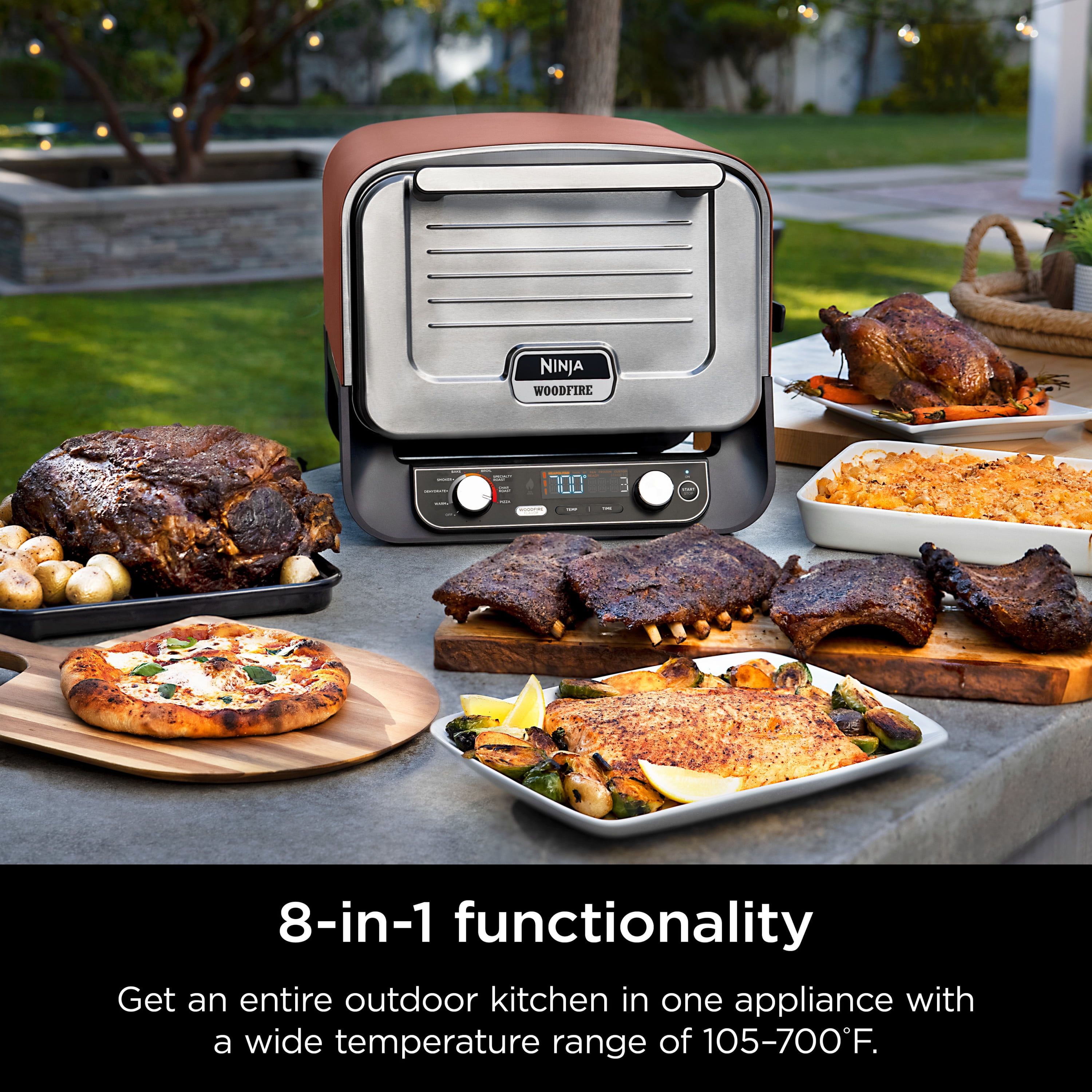 Ninja Woodfire™ Pizza Oven, 8-in-1 outdoor oven, 5 Pizza Settings, Ninja Woodfire™ Technology, up to 700°F heat, BBQ smoker, electric
