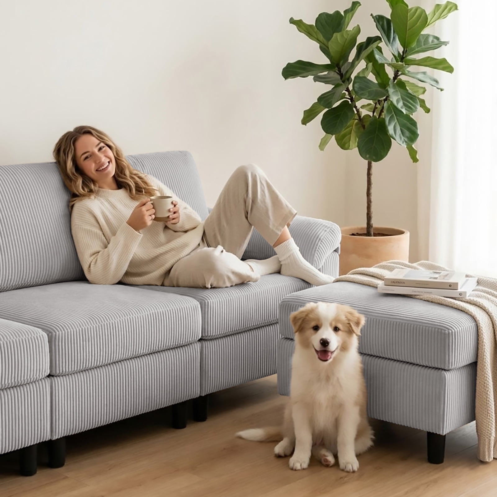 SAETSFEG Sectional Sofa, L-Shape 3-Seat Couch with Movable Ottoman, Modern Storage Modular Sofa for Living Room,Lightgrey