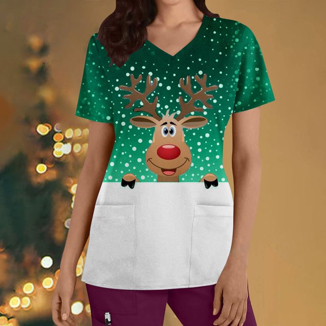 LSLJS Christmas Blouse de Noël à Manches Courtes Col en V avec Poches Imprimées pour Femmes, Scrub Tops
