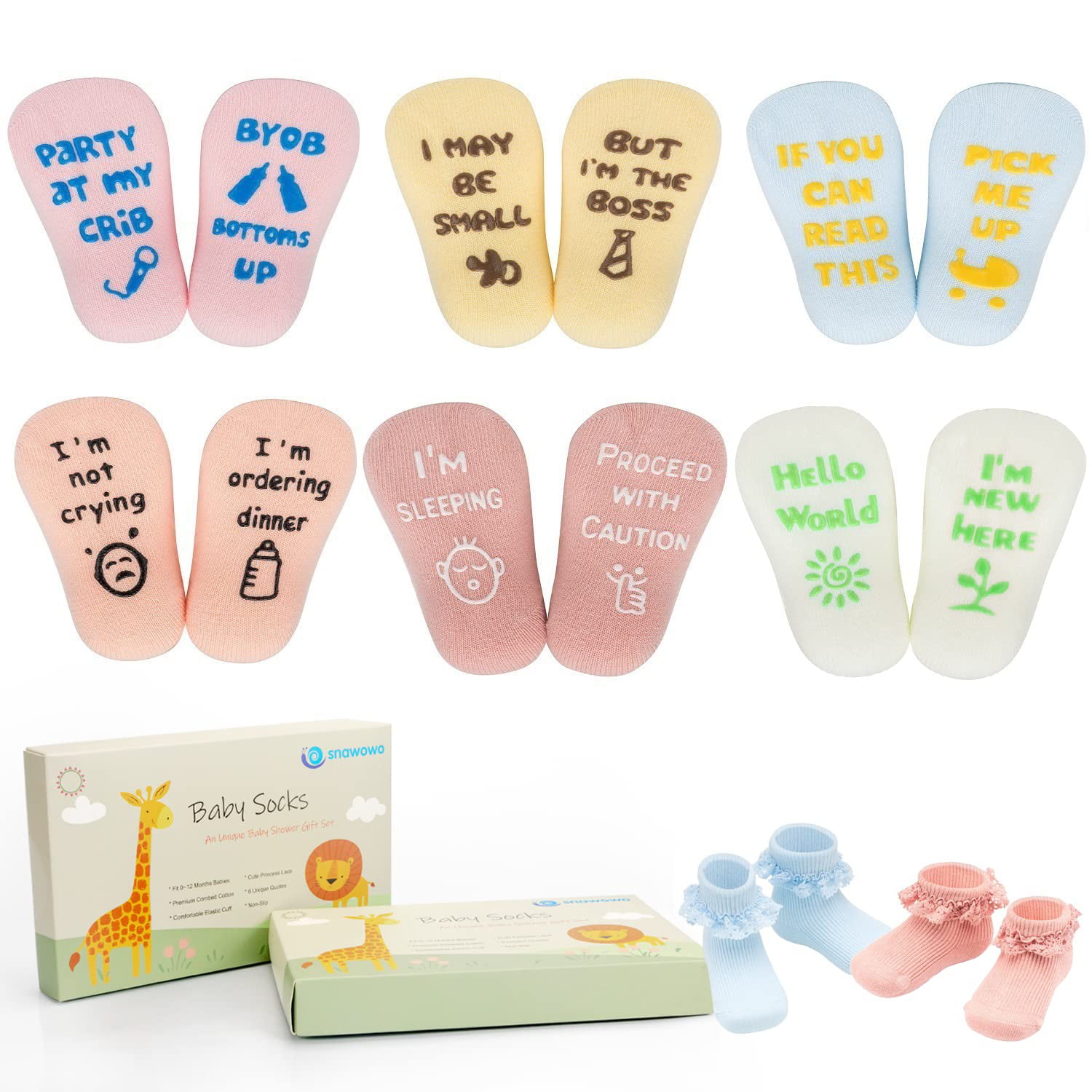 Funny Baby Girl Socks Gift Set, Cute Present for Baby Shower & Registry Idea,  6 Pair Non Slip Socks, For 0-12 Months (Girl) 